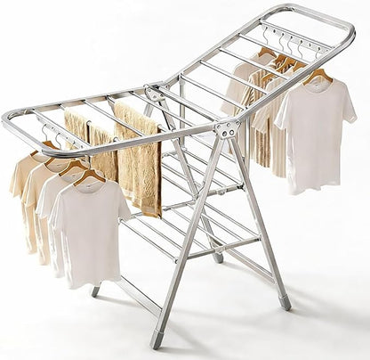 Stainless Steel Foldable Clothes Drying Rack with Adjustable Wings, Windproof Holes & Wheels | Heavy Duty 132 lb Load Capacity | Space-Saving Laundry Rack for Indoor & Outdoor Use