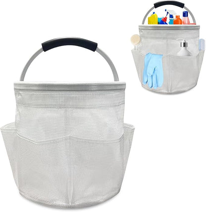 17L Cleaning Caddy with Handle, Foldable Cleaning Supply Caddy with 6 Pockets Cleaning Caddy Bag for Outdoor Camping Garden Harvest Basket Bathroom Storage (Clear)