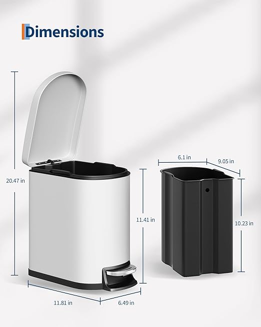 GarveeHome 1.6 Gal Step-On Trash Can, Stainless Steel Small Bathroom Garbage Bin with Soft Close Lid, Slim Space-Saving Design, Removable Inner Bucket for Bathroom, Bedroom, Office, White