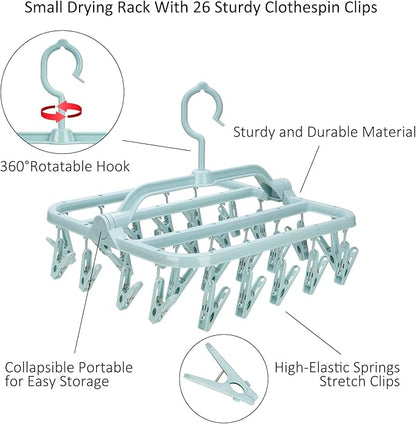 Foldable Clip Hangers with 26 Drying Clips, Underwear Hanger with Clips, Plastic Laundry Clip and Drip Drying Hanger for Socks, Bras, Lingerie, Clothes, Sturdy, Blue