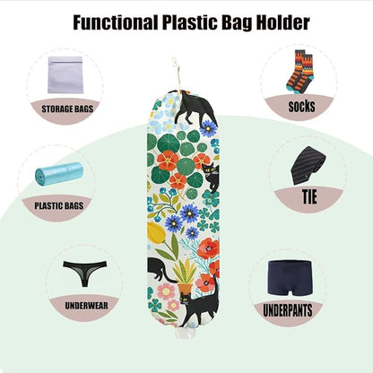 Garden Cat Plastic Bag Holder, Flower Wall Mount Plastic Bag Holders for Grocery Bags, Reusable Grocery Bags Storage Dispenser for Home Kitchen Pantry Decor, Cat Lover Gifts for Women, 22.5x9 Inch