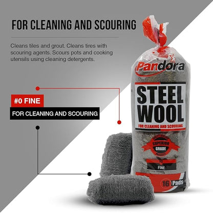 Pandora Steel Wool #0 - Fine Grade, 16 Pads for Cleaning and Scouring- Quality Metal Strands - Ideal for Cleaning Porcelain, Tile, Grout, and Shower Doors