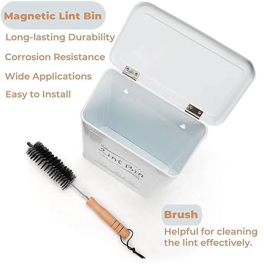 Tlence Magnetic Lint Bin for Laundry Room, Wall Mounted Dryer Lint Trash Can with Brush and Lid for Dryer, Space Saving Metal Lint Basket for Laundry Room Decor