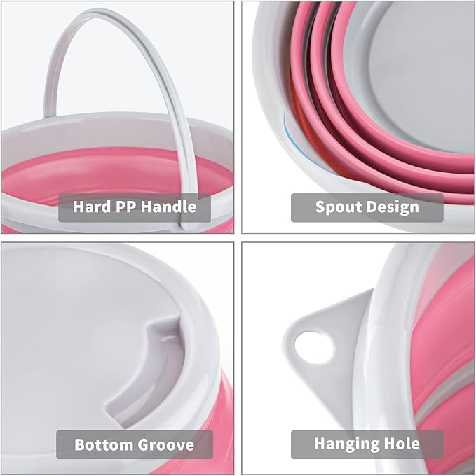 Collapsible Bucket 10L 2.6 Gallon Cleaning Bucket Mop Bucket Folding Foldable Portable Small Plastic Water Supplies for Outdoor Garden Camping Fishing Car Wash Space Saving Pink