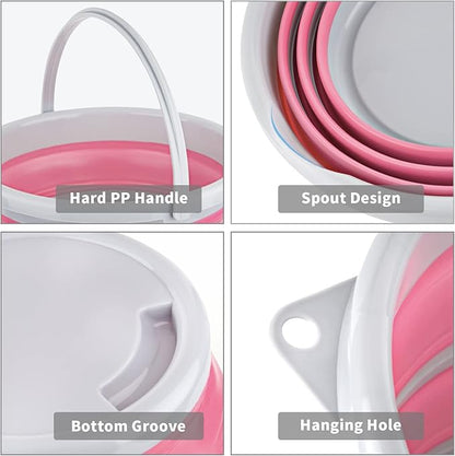 Collapsible Bucket 10L 2.6 Gallon Cleaning Bucket Mop Bucket Folding Foldable Portable Small Plastic Water Supplies for Outdoor Garden Camping Fishing Car Wash Space Saving Pink