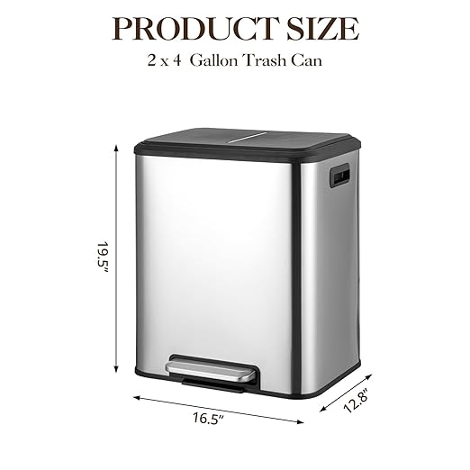 Takywep 8 Gallon / 30 L Dual Compartment Trash Can with Soft Close Lid, Stainless Steel Step-On Garbage Bin with Two Removable Inner Buckets for Kitchen, Office, Bedroom, Modern Rectangular Design