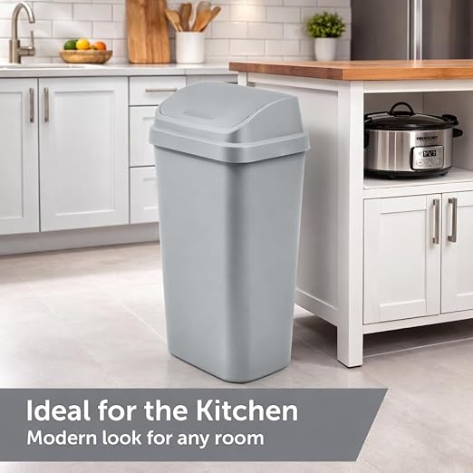 SKYREN 13 Gallon Kitchen Trash Can with Swing Top Lid, Plastic Garbage Bin for Home, Office, and Kitchen Waste, Large Capacity Wastebasket, Light Gray