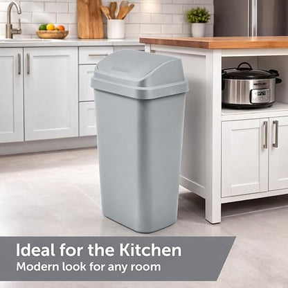 SKYREN 13 Gallon Kitchen Trash Can with Swing Top Lid, Plastic Garbage Bin for Home, Office, and Kitchen Waste, Large Capacity Wastebasket, Light Gray