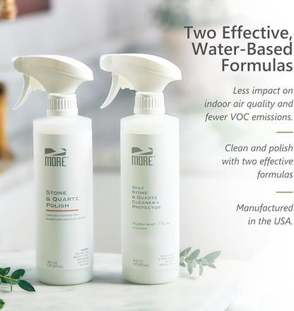 MORE - Twin Pack - Includes Stone & Quartz Cleaner + Polish - Granite, Quartz & Marble Cleaner & Polish - For Kitchen & Bathroom Countertops - Pack of 2 16oz Sprays - Peppermint-Thyme