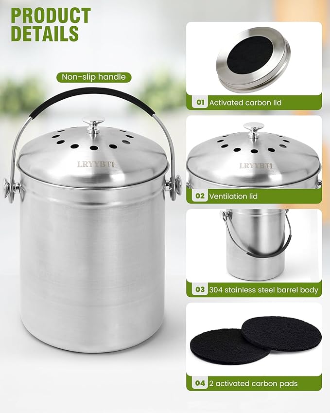 Countertop Compost Bin Kitchen with Lid and 2 Charcoal Filter for Odorless Composting | Stainless Steel Kitchen Composter with Soft-Grip Handle (Silver, 1.3 Gallon)