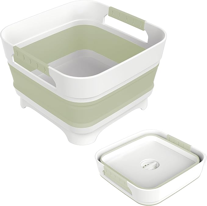 MontNorth 2.4 Gal Collapsbile Wash Basin with Drian Plug,9L Dish Pan for Soaking Baby Bottles,Portable Sink, Multiuse Foldable Bucket,Ice Beverage Tubs for Camping, Vegetable Washing, RV (Green)