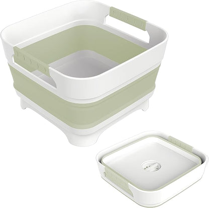 MontNorth 2.4 Gal Collapsbile Wash Basin with Drian Plug,9L Dish Pan for Soaking Baby Bottles,Portable Sink, Multiuse Foldable Bucket,Ice Beverage Tubs for Camping, Vegetable Washing, RV (Green)