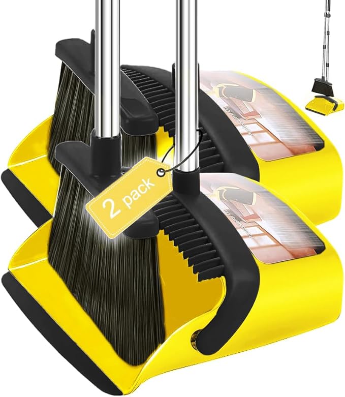 2-Pack is More economical,Brooms with Dustpan Combo Set， with 52" Long Handle, Dustpan Teeth with self-Cleaning Function, Indoor and Outdoor Sweeping, Perfect for Home Office(Large/Yellow /2-Pack)