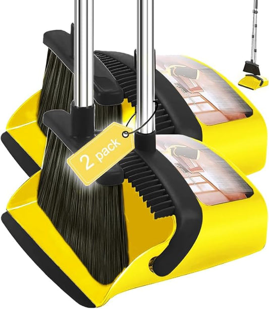 2-Pack is More economical,Brooms with Dustpan Combo Set， with 52" Long Handle, Dustpan Teeth with self-Cleaning Function, Indoor and Outdoor Sweeping, Perfect for Home Office(Large/Yellow /2-Pack)
