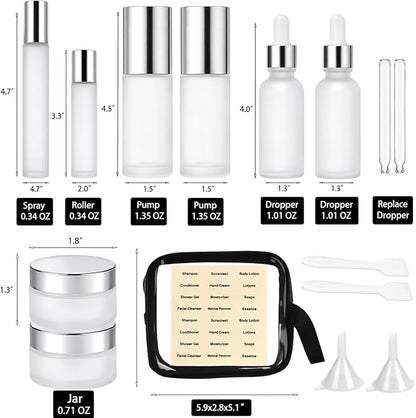 Glass Travel Bottles for Toiletries, TSA Approved Travel Size Containers, Refillable, BPA Free Leak-Proof Bottles with Pump Spray Dropper & Roll-On for Toners, Creams, and Oils (Silver)