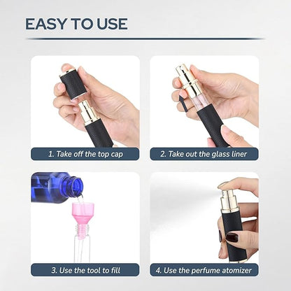 Fusupak Travel Perfume Bottle Refillable - Mini Portable Cologne Atomizer Sprayer - Empty Travel Size Fragrance Pump Dispenser Container for Men - 10ml Black 2PCS Small Pocket Leather Refill Sample