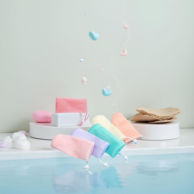 6 Pcs Multicolor Exfoliating Mesh Soap Pouch Bubble Foam Net Bag for Shower Saver Pouch Drawstring Foaming Net Soap Bag for Body Facial Cleansers Cleaning Tool, Repeatedly