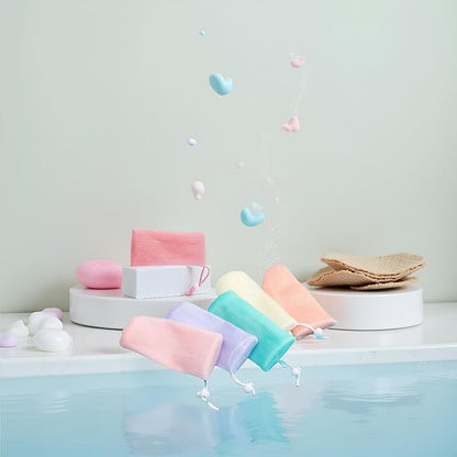 6 Pcs Multicolor Exfoliating Mesh Soap Pouch Bubble Foam Net Bag for Shower Saver Pouch Drawstring Foaming Net Soap Bag for Body Facial Cleansers Cleaning Tool, Repeatedly