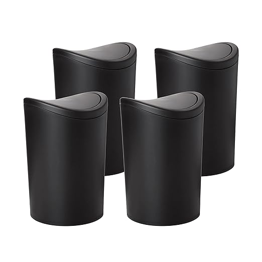 Superio Small Bathroom Trash Cans with Lid 4 Pack (1 1/2 Gallon, 6 Liter), Modern Matte Black Mini Waste Bin with Swing Lid Plastic Garbage Can for Bathroom, Bedroom, Office, Under Desk