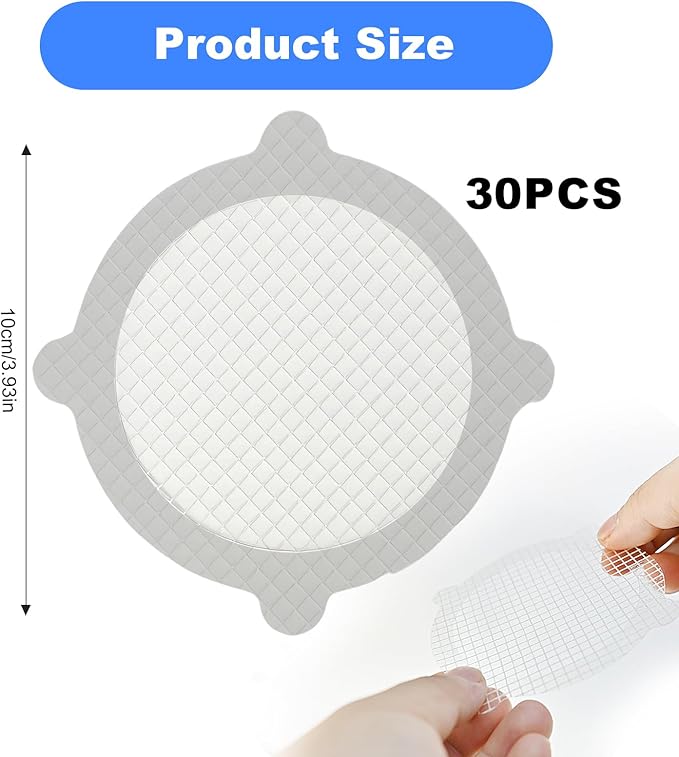 30 Pack Disposable Shower Drain Hair Catcher, Round 4-Ear Glass Fiber Stickers, 3.93In Mesh for Bathroom Tub Kitchen, Hair Trap Sticker to Prevent Clogs