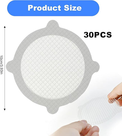 30 Pack Disposable Shower Drain Hair Catcher, Round 4-Ear Glass Fiber Stickers, 3.93In Mesh for Bathroom Tub Kitchen, Hair Trap Sticker to Prevent Clogs