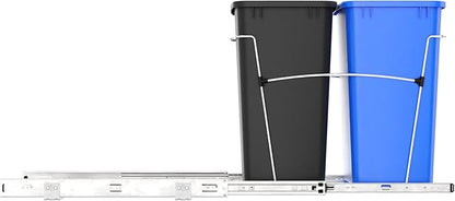Rev-A-Shelf Double 35 Qt Pullout Trash Can for Base Kitchen Cabinets, Garbage Waste & Recycling Bin System with Full Extension Slides, Min Opening Width of 14.5", Blue/Black, RV-18KD-2218C-S
