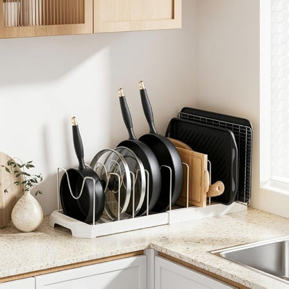 MUDEELA Pots and Pans Organizer under Cabinet, Pot Rack with Expandable Pot Lid Organizers Holder for 10 Adjustable Dividers, Pan Organizers inside Cabinet for Pan Lids, Cutting Boards, Baking Sheets