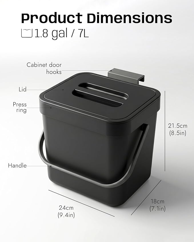 Countertop Compost Bin Kitchen, 1.8 Gallons Hanging Trash Can with Lid for Kitchen Cabinet Door, Under Sink, Wall Mounted Waste Bin for Bathroom, 7L(Black)