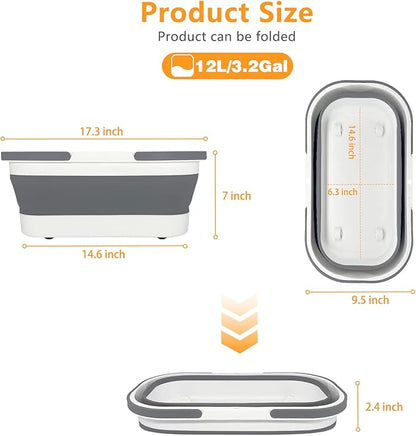 Goderewild Collapsible Plastic Bucket with Wheels 12L (3.17 Gallon) for House Cleaning, Camping, and RV - Multi-Purpose Rectangular Handy Basket for Cleaning Mop - Lightweight and Portable (Grey)