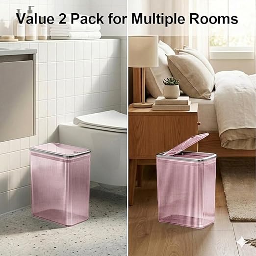 2-Pack Bathroom Trash Can with Lid – 2.6 Gallon / 10L Clear Waste Basket with Pop-Up Lid & Bag Ring – Slim Plastic Garbage Can for Bathroom, Bedroom, Office – Colorful Small Trash Can, Purple Pink
