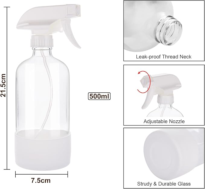Glass Spray Bottles with Silicone Sleeve, 16 oz 2 Pack Empty Refillable Containers with Adjustable Spray Nozzles (Mist to Stream to Off), Spray Bottles for Cleaning, Hair, Plants, essential oils