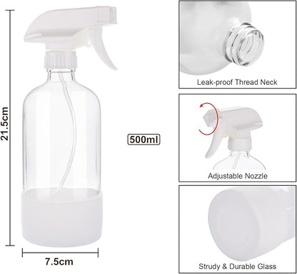 Glass Spray Bottles with Silicone Sleeve, 16 oz 2 Pack Empty Refillable Containers with Adjustable Spray Nozzles (Mist to Stream to Off), Spray Bottles for Cleaning, Hair, Plants, essential oils