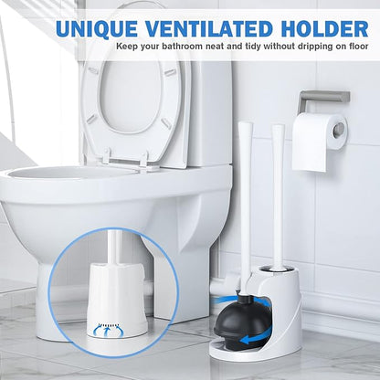 Toilet Plunger and Brush, Bowl Brush and Heavy Duty Toilet Plunger Set with Ventilated Holder, 2-in-1 Bathroom Cleaning Combo with Modern Caddy Stand for 5.7-inch Toilet Drain(White, 2 Set)