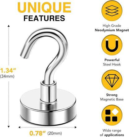 DIYMAG Magnetic Hooks, 50 LB Heavy Duty Magnet with Hook,20 Packs Strong Rare Earth Neodymium Magnets for Hanging, Magnetics Hanger for Curtain, Home, Kitchen, Workplace