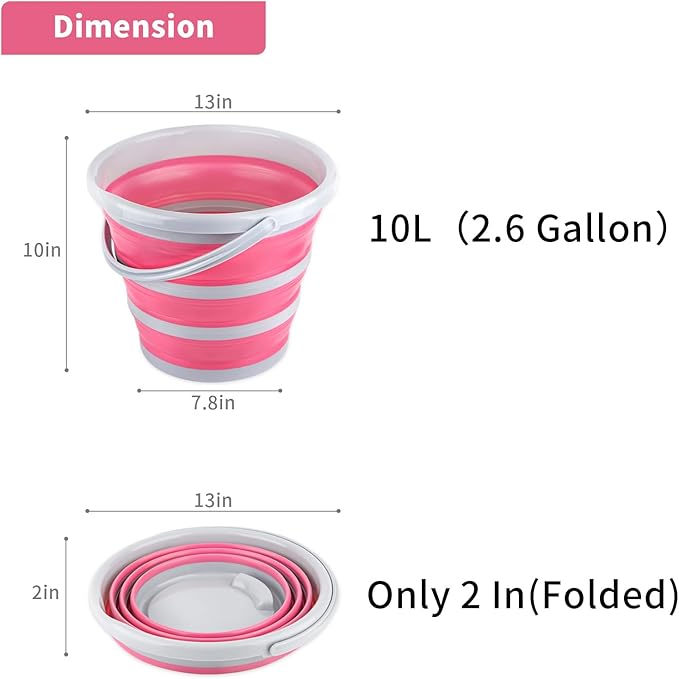Collapsible Bucket 10L 2.6 Gallon Cleaning Bucket Mop Bucket Folding Foldable Portable Small Plastic Water Supplies for Outdoor Garden Camping Fishing Car Wash Space Saving Pink