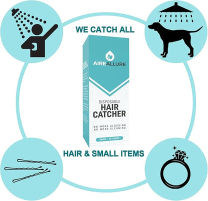 Aire Allure, 25 Pack, Hair Catcher for Bathroom Sink or Bathtub, White, Small