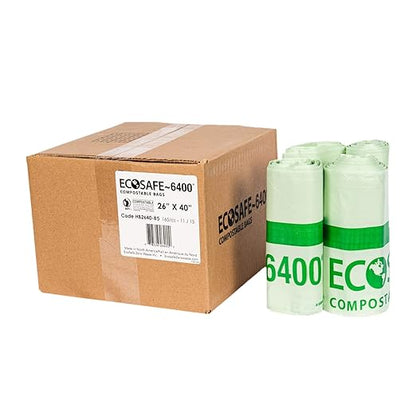 EcoSafe-6400 HB2640-8 Certified Compostable Bag - 26x40" Green Bags for 22 Gallon Bin - Extra Strong Leak, Puncture and Tear Resistant Food Scraps Bin Liners, Pack of 165