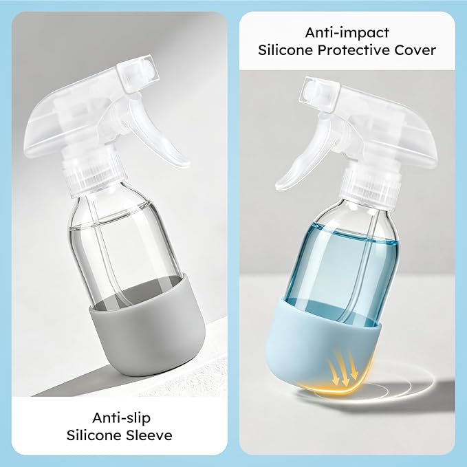 Tecohouse 2 Pack 360° Glass Spray Bottles with Silicone Sleeve, 4 oz Clear Empty Refillable Containers with Adjustable Spray Nozzles, Dark Spray Bottles for Cleaning Solutions, Plants (Blue & Grey)