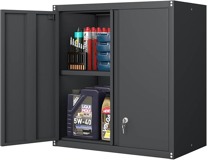 Garage Wall Cabinets,Metal Wall Cabinet for Garage with Locking Doors,Locking Storage Cabinet with Shelf,Wall Mount Cabinet for Home Office,Utility Room,Black
