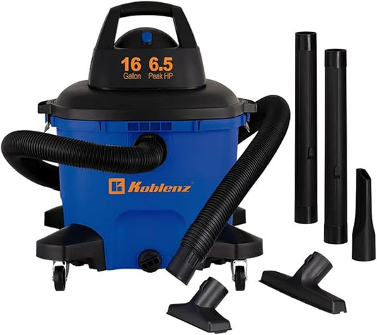 Koblenz WD-16 L4 Wet Dry Vacuum Cleaner, 16 Gallon Wet Dry Vac, 6.5 PHP, 3-in-1 Suction & Blower, Click-N-Lock Hose, Drain Plug, Big Vacuum Cleaner for Carpet & Floors, Swivel Casters, Black/Blue