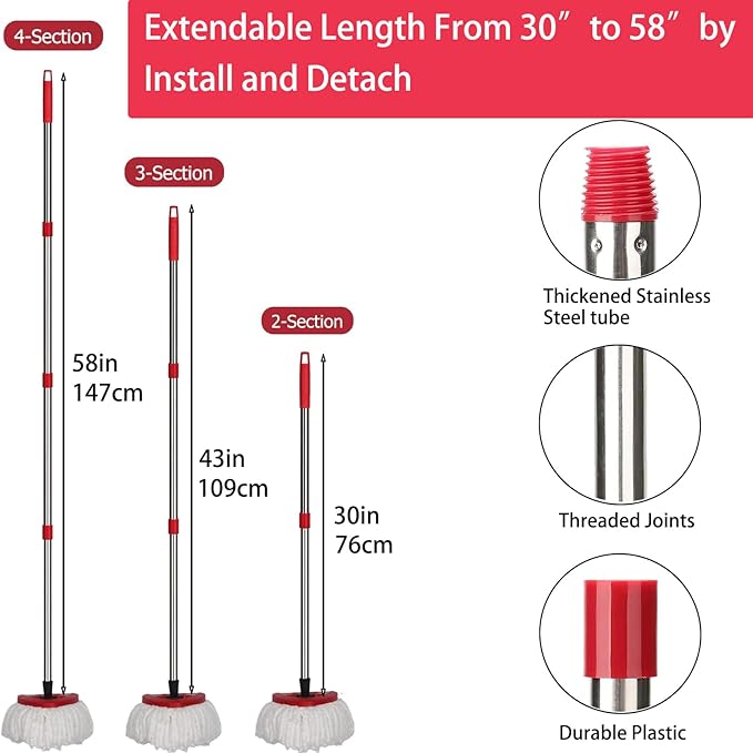 FOOKCIAN Spin Mop Replacement Set - 4 Microfiber Heads, Base, 30-58'' Handle Compatible with OCedar EasyWring - White (1 Can System)