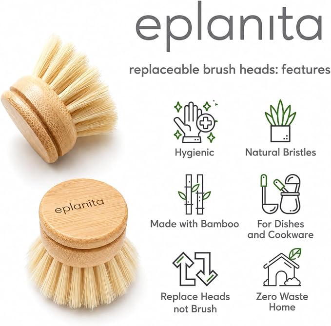 eplanita Replacement Brush Heads (Pack of 8) for Bamboo Dish Brush, Sisal Bristle Refills, Agave Cactus Fibres, Kitchen Eco Scrubber, Plastic Free Washing Up, Zero Waste Cleaning