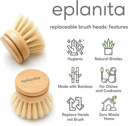 eplanita Replacement Brush Heads (Pack of 8) for Bamboo Dish Brush, Sisal Bristle Refills, Agave Cactus Fibres, Kitchen Eco Scrubber, Plastic Free Washing Up, Zero Waste Cleaning