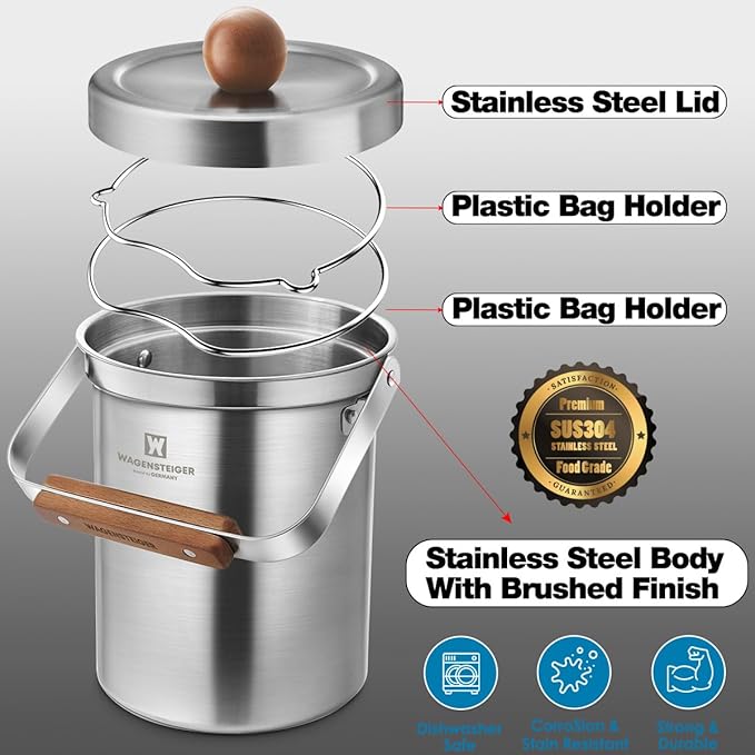 WAGENSTEIGER Kitchen Countertop Compost Bin 101ounces / 3Liters with Airtight Lid, SUS304 Stainless Steel Odor-Free Food Waste Bin with Wooden Handle Stylish Design/Bathroom Trash Can (Silver)