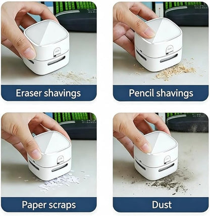 Portable Mini Desktop Vacuum Cleaner, Wireless Handheld, White, for Eraser Shavings, Pencil Shavings, Paper Scraps and Dust