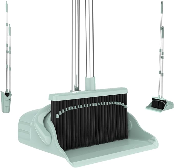 Broom and Dustpan Set, Green 52-Inch Adjustable Handle Upright Broom with Self-Cleaning Comb Teeth, Pet-Hair Friendly Sweeping for Indoor Hard Floors
