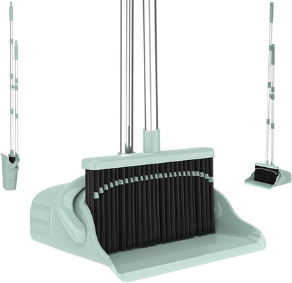 Broom and Dustpan Set, Green 52-Inch Adjustable Handle Upright Broom with Self-Cleaning Comb Teeth, Pet-Hair Friendly Sweeping for Indoor Hard Floors