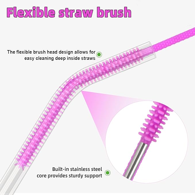 Silicone Straw Cleaner Brush, 4Pcs Reusable Straw Brush Set with Extra-Long Design for Cleaning Thin Metal Straws and Wider Milkshake Straws （6mm+9mm Purple)