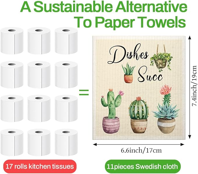 Swedish Dishcloths for Kitchen | 6 Pack Floral Reusable Paper Towels Washable | Swedish Dish Towels | Non-Scratch Cellulose Sponge Cloths | No Odor, Biodegradable Cleaning Cloths, Cactus