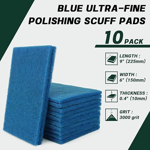 6" x 9" Blue Ultra-Fine Polishing Scuff Pads, 10 Pack – Non-Woven Hand Pads for Final Polish Prep, Haze Removal, Scouring & Mirror Finishes – Reusable Aluminum Oxide Abrasive Pads